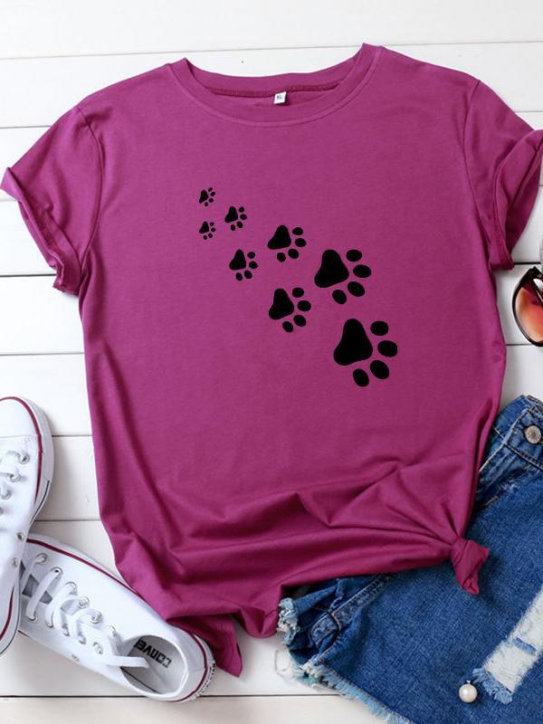 Casual dog paw print crew neck T-shirt