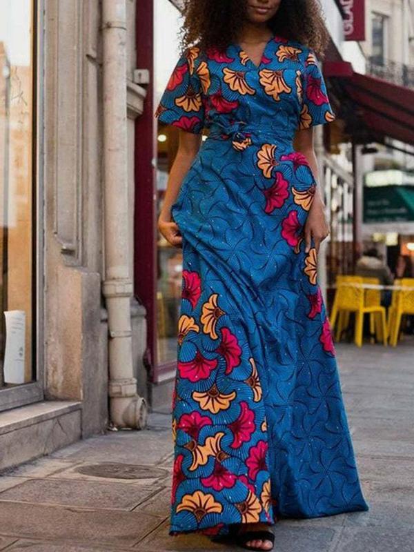 Ethnic Print V-neck Short Sleeve Dress