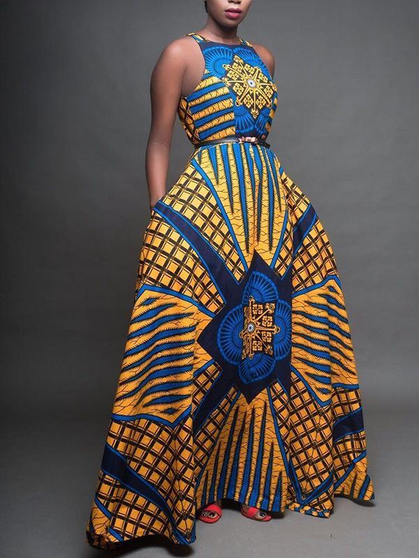 Women's Round Neck Sleeveless Ethnic Print Dress