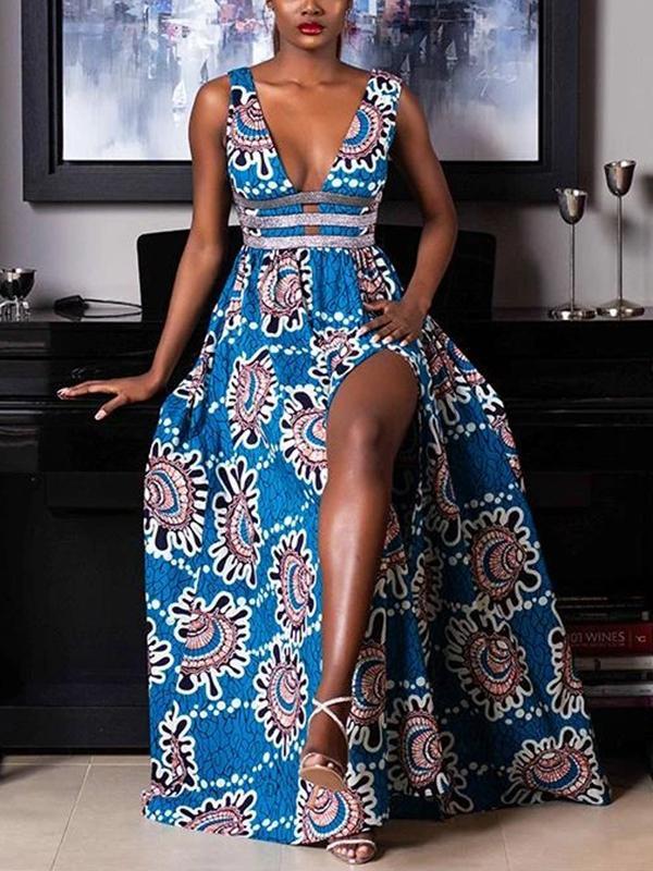 Women's Vintage African Printed V-Neck Dress