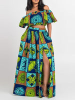 Load image into Gallery viewer, Women&#39;s Fashion Word Shoulder Ethnic Print Two-piece Set
