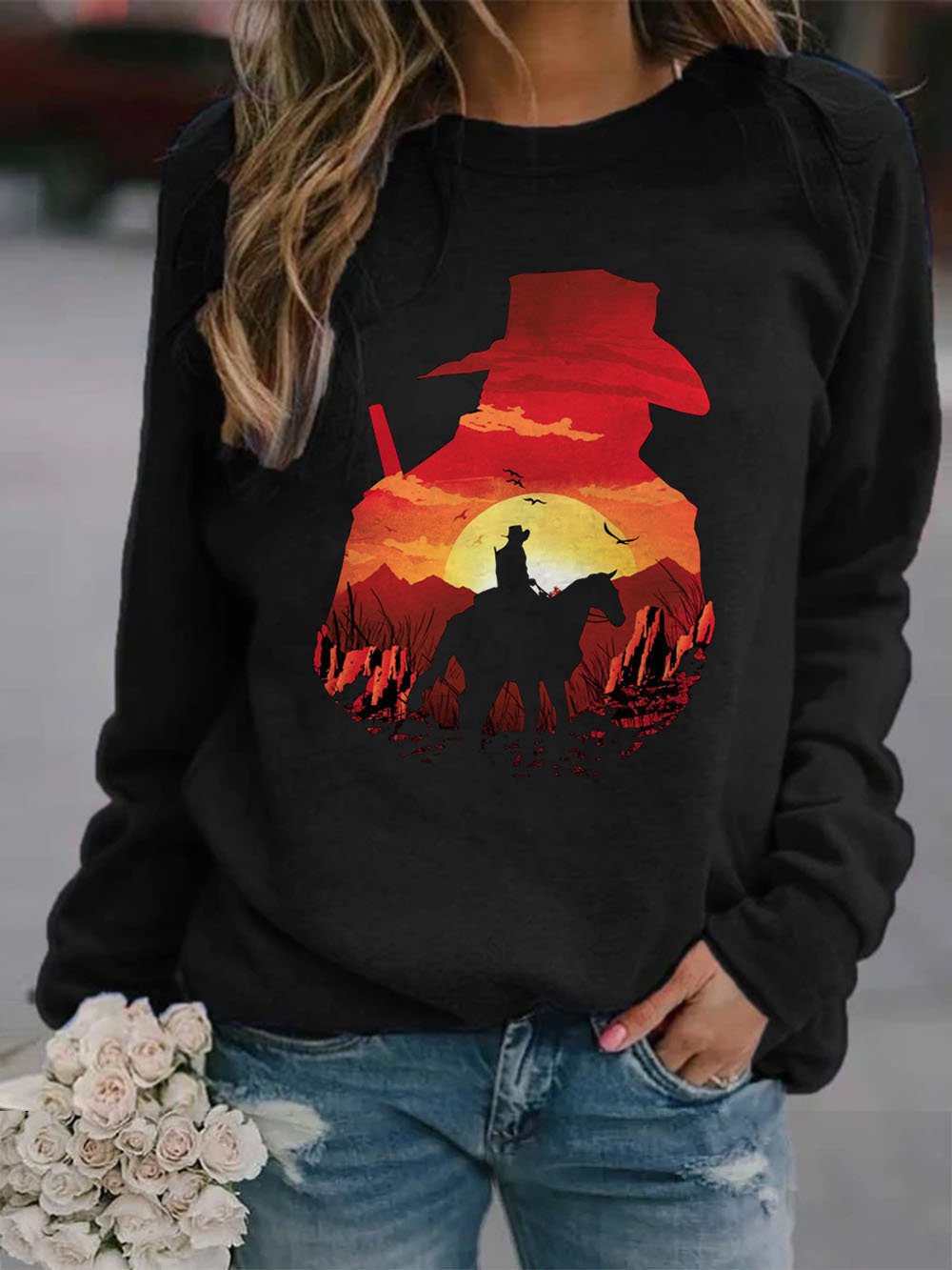 Women's Western Cowboy Riding Sunset Print Sweatshirt