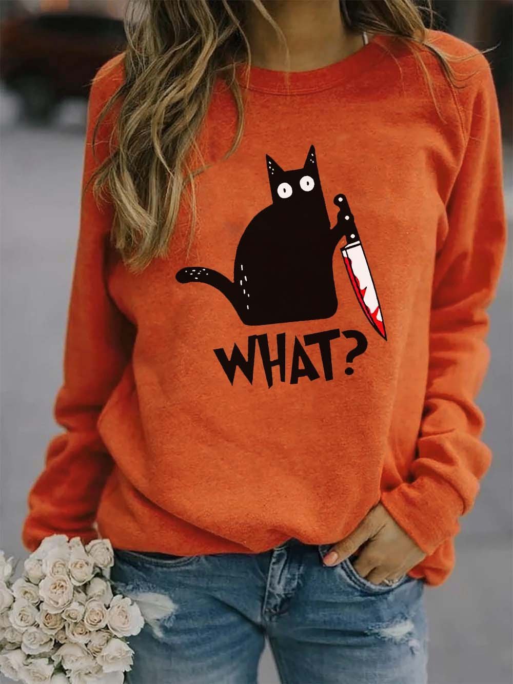 Ladies Halloween Funny Murderous Cat Print Casual Sweatshirt