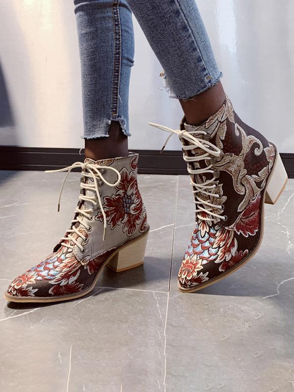 Ladies Embroidered Print Block Heel Shoes