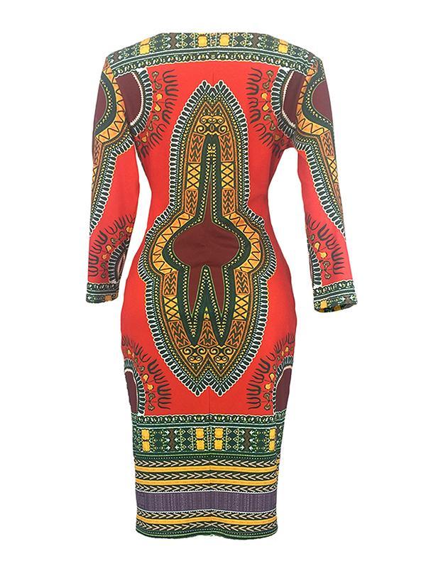 Women's African Ethnic Style 3/4-Sleeve V-Neck Dress