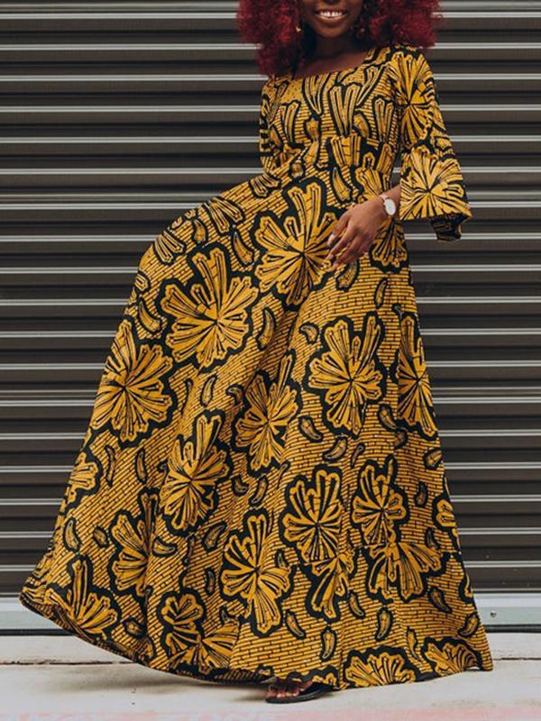 Retro Flared Sleeve African Print Lace-up Maxi Dress