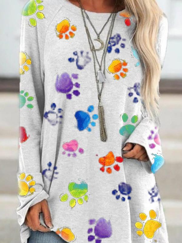 Women's tie-dye color dog paw round neck T-shirt