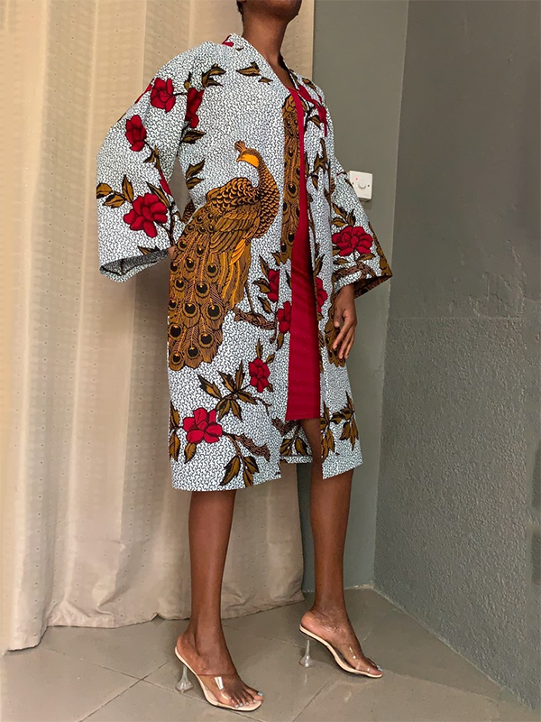 Ethnic print loose long sleeve trench coat