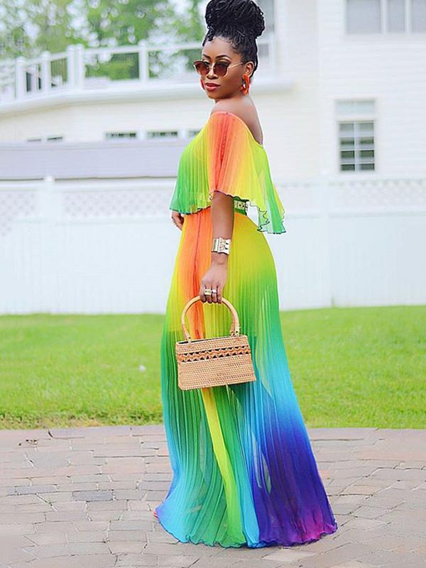 Colorful Gadient Word Shoulder Pleated Dress