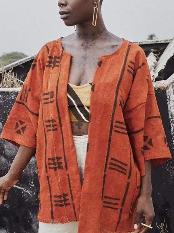 National printed cotton and linen pocket cardigan