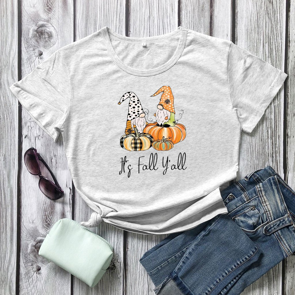 Women's Thanksgiving Fall Plaid Pumpkin Gnomies Print T-shirt