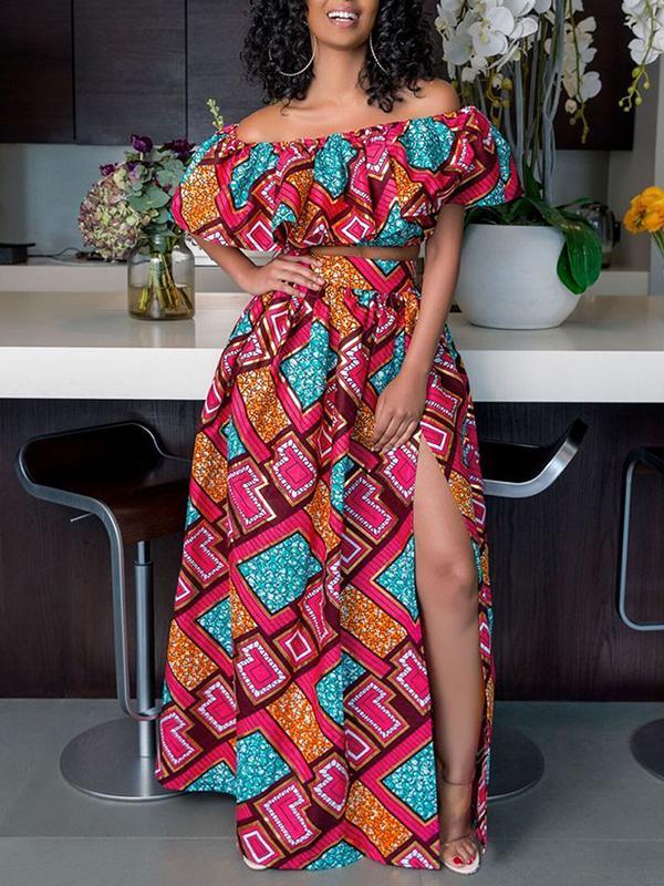 Women's Fashion Word Shoulder Ethnic Print Two-piece Set