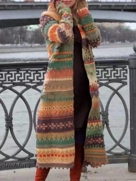 Women's Vintage Lace Stitching Printed Button Woolen Coat