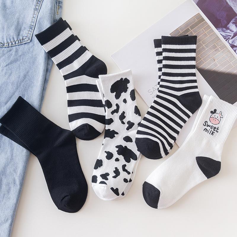 Women's Black and white cow striped black all-match sports stockings