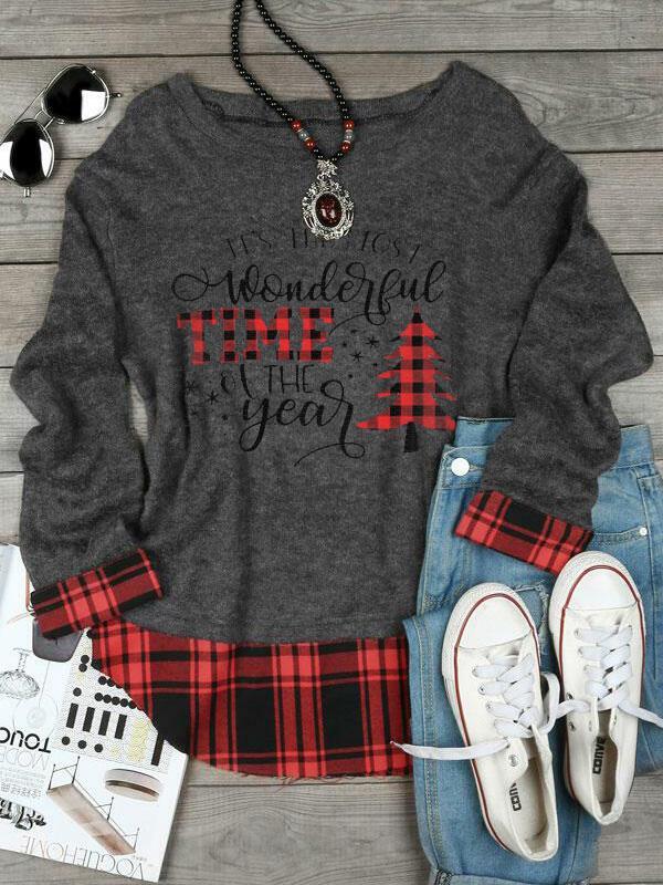 Women's Christmas Tree Wonderful Time Plaid Paneling Sweatshirt