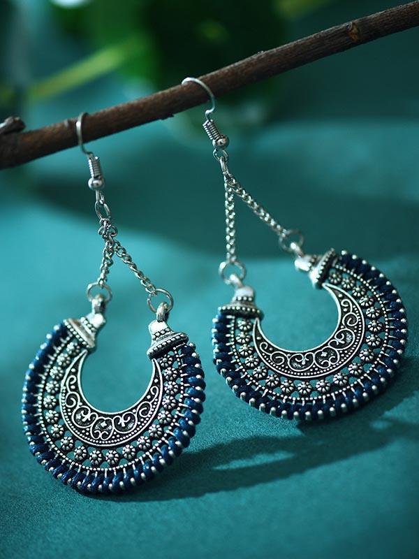 Women's Retro Ethnic Fan Shaped Threaded Long Earrings