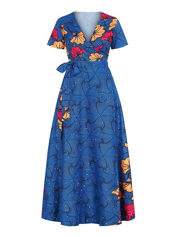 Ethnic Print V-neck Short Sleeve Dress