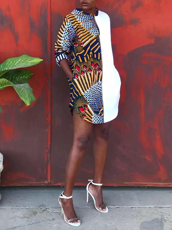 Ethnic print loose round neck pocket stitching dress