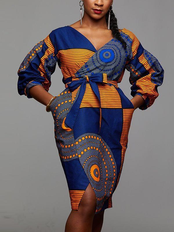 Ethnic V-neck lantern sleeve waist dress