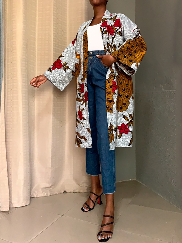 Ethnic print loose long sleeve trench coat