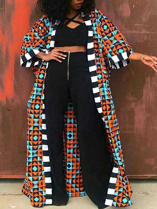 Women's Ethnic Printed Half-sleeved Long Coat