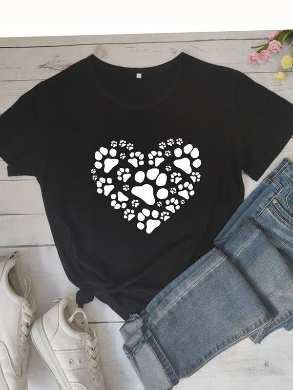 Casual love dog paw print T-shirt