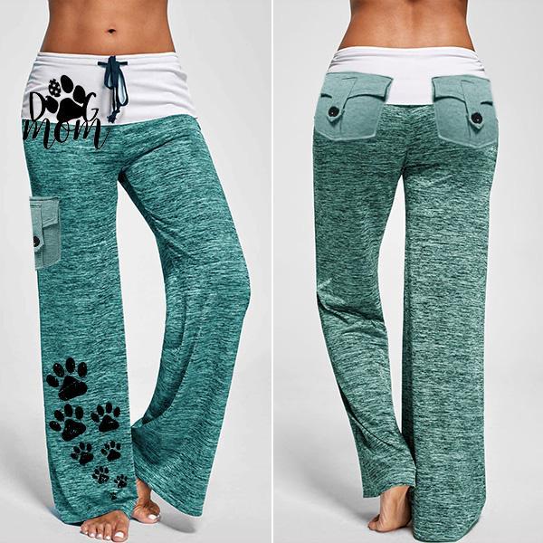 Women's Dog Mom's Paw Print Drawstring Pockets Stretch Wide Leg Yoga Pants