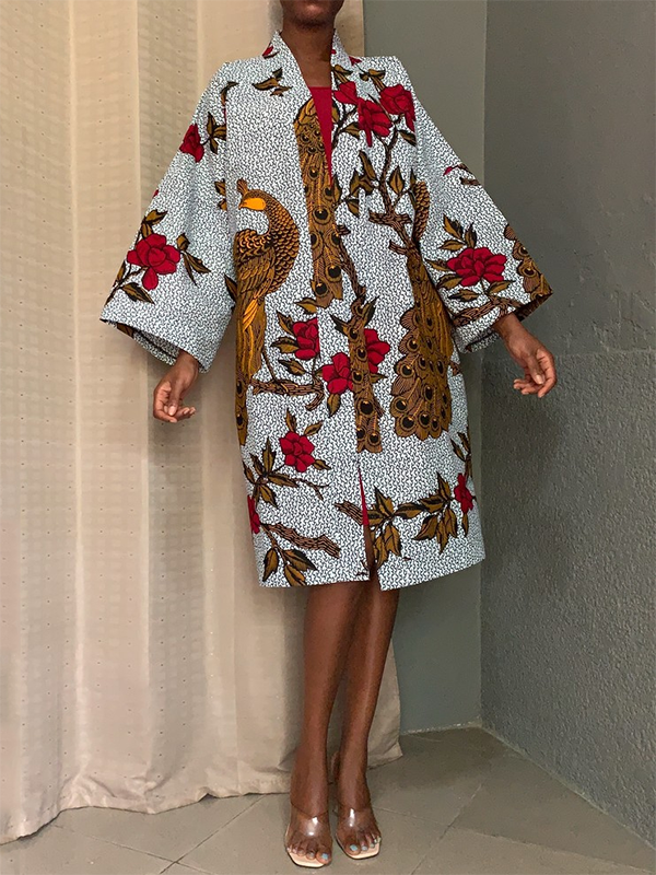 Ethnic print loose long sleeve trench coat