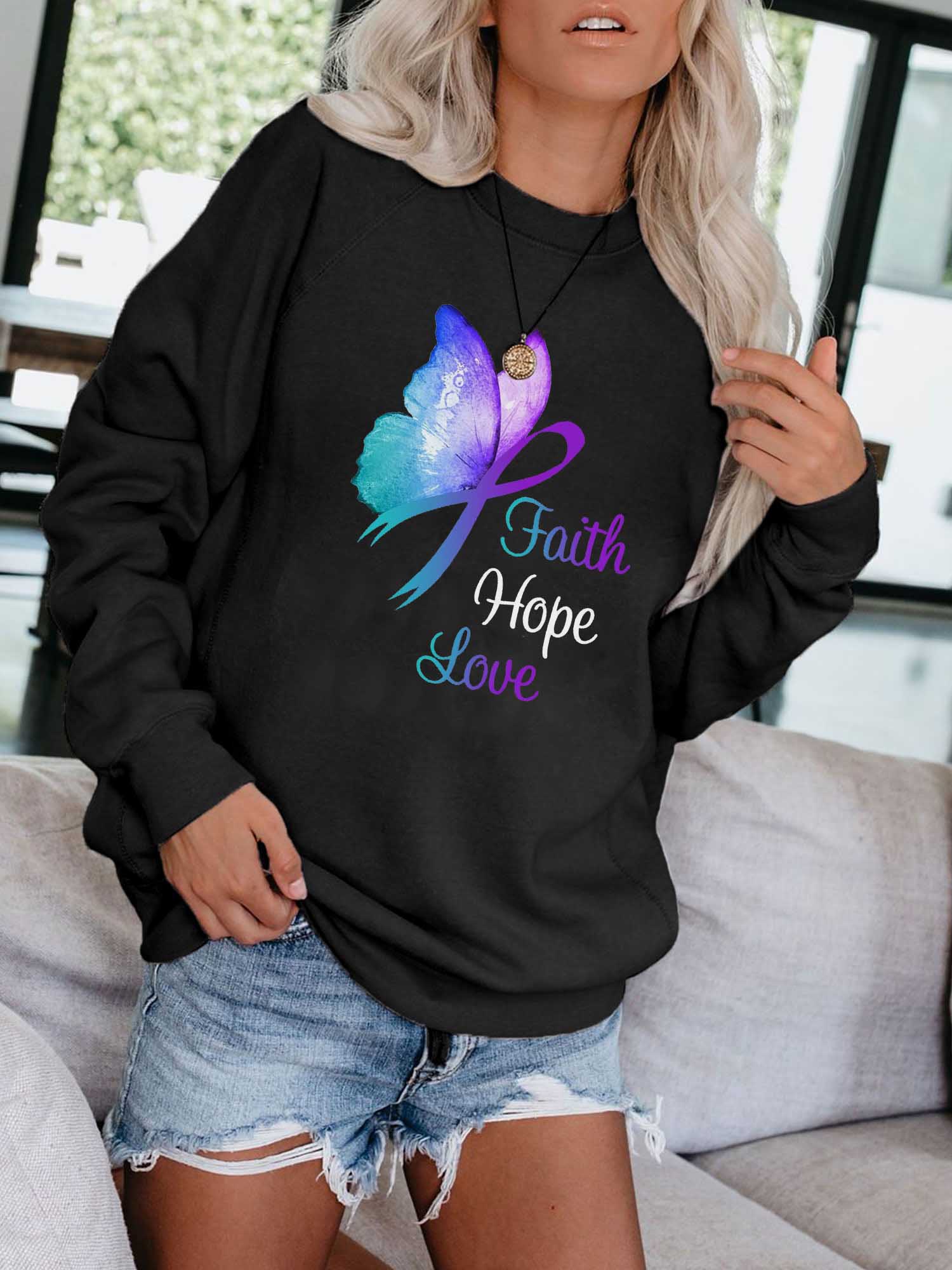Women's Faith Hope Love Butterfly Print Sweatshirt